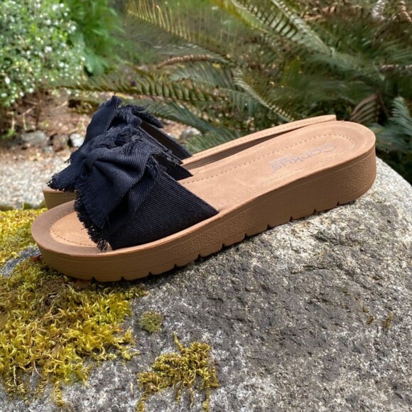 Corkys Spray Tan Sandals in Black Canvas - Picture 6 of 9